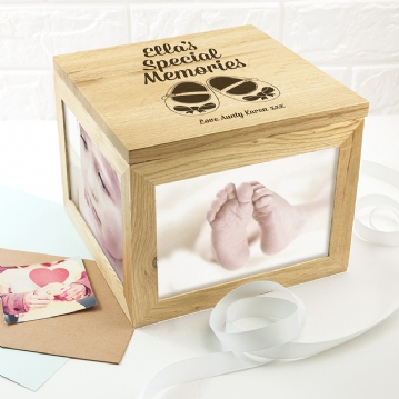 Personalised Baby Girl Shoes Oak Photo Keepsake Box