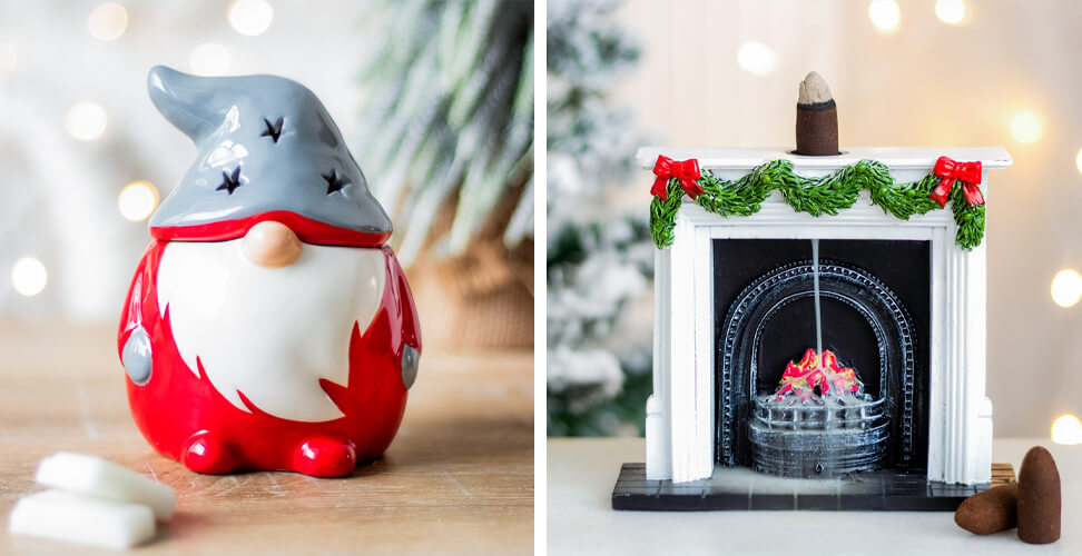 Gonk ceramic oil burner and Christmas fireplace incense burner with festive lights background