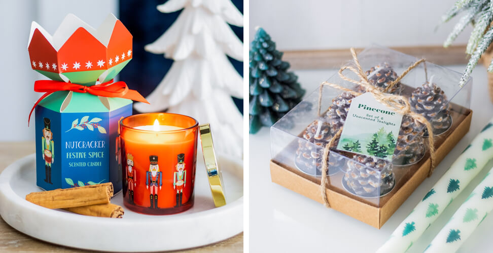 Red Nutcracker festive spice candle with pinecone tealight set – cosy Christmas home decor