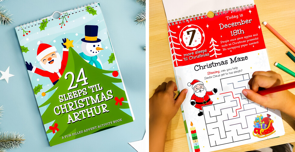 Personalised “24 Sleeps Till Christmas” activity advent calendar with child doing festive puzzle