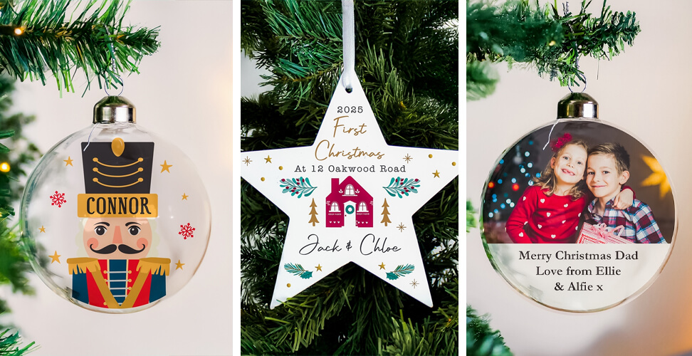 Personalised Christmas baubles – Nutcracker, photo upload, and wooden star hanging on tree
