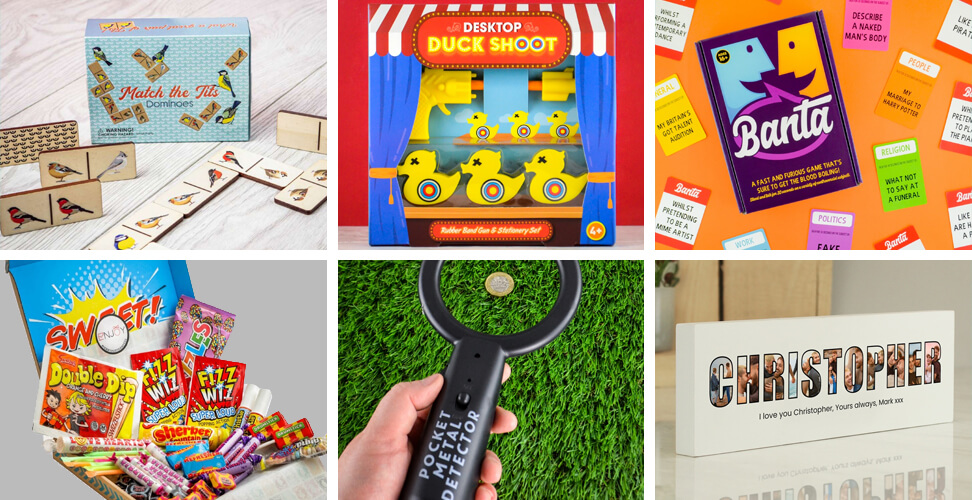 Selection of unique gifts priced &pound;10-&pound;30 including Sweet Hamper, Desktop Duck Shoot Game, Banta Game, Wooden Photo Mantel Block, Pocket Metal Detector, and Match the Tits Dominos