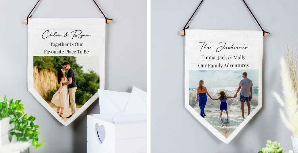 Custom photo upload banner wall art with title and personalised message for unique home decoration