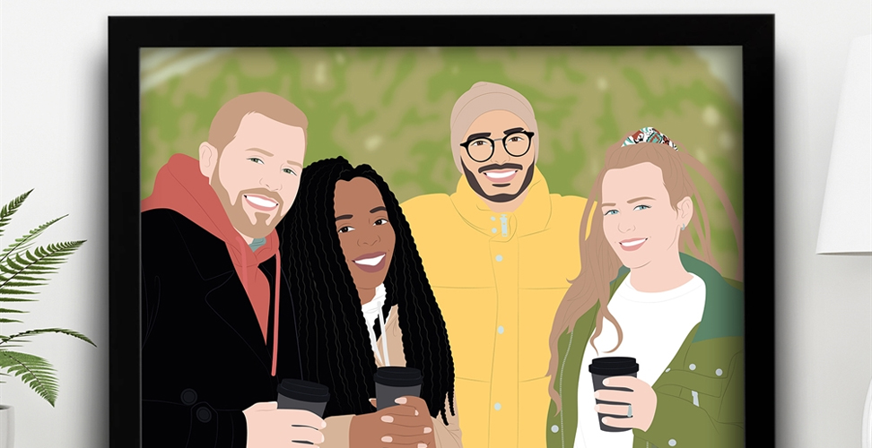 Personalised cartoon framed print turning four friends’ photo into fun custom artwork