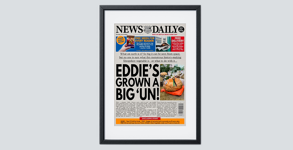 Custom gardener newspaper print with personalised front page news article, unique gift idea