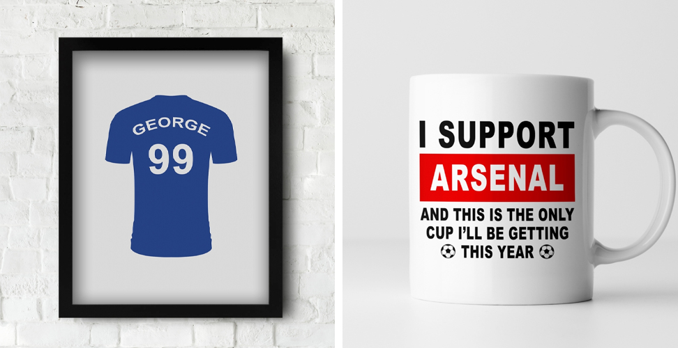 Personalised framed print with football shirt design, and a novelty football slogan mug gift