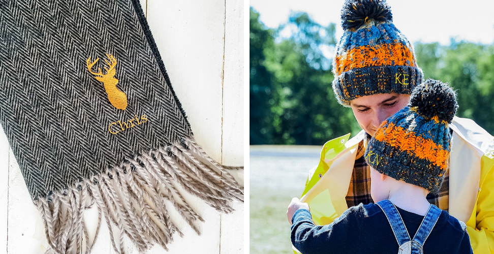Personalised herringbone scarf with stag emblem and name, and a dad and son wearing matching Daddy & Me bobble hats