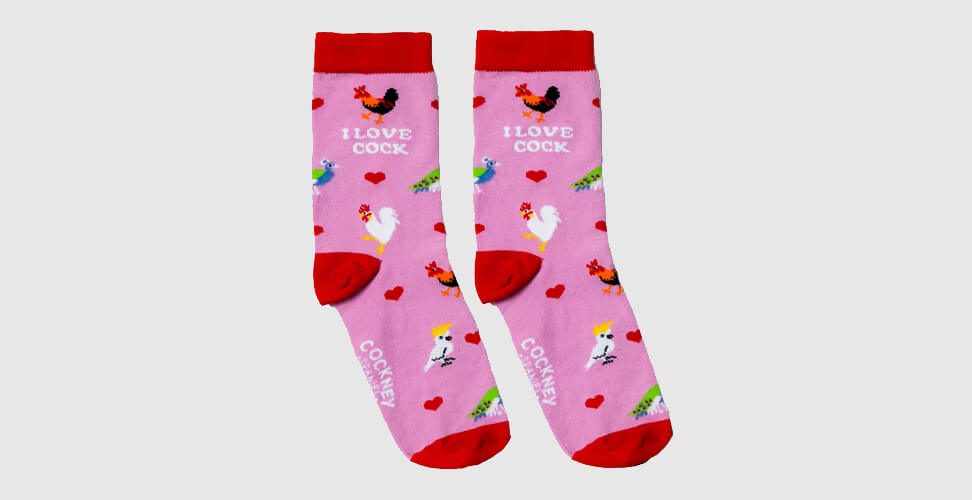 Pink 'I Love Cock' novelty socks with slogan and rooster design &ndash; funny adult gag gift for bachelorette or naughty party