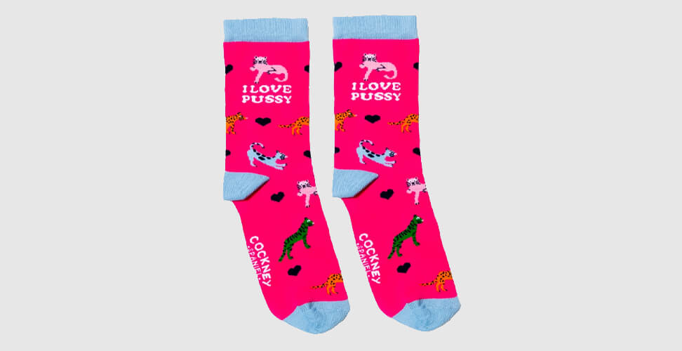Pink 'I Love Pussy' novelty socks with cat design and slogan &ndash; funny adult gag gift for bachelorette or naughty party