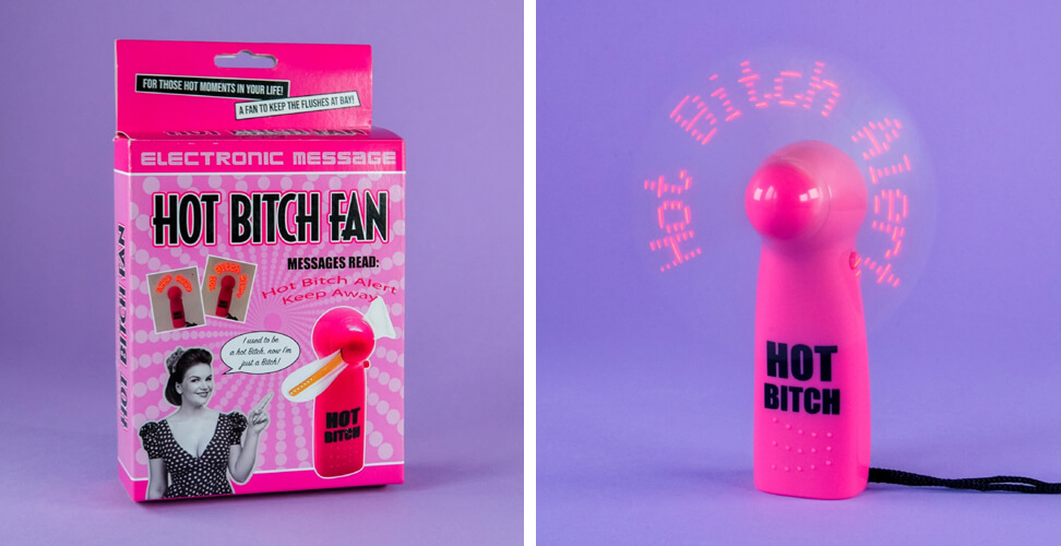 Pink Hot Bitch fan with spinning 'Hot Bitch Alert' display &ndash; novelty gift with fun packaging for bachelorette or gag gift