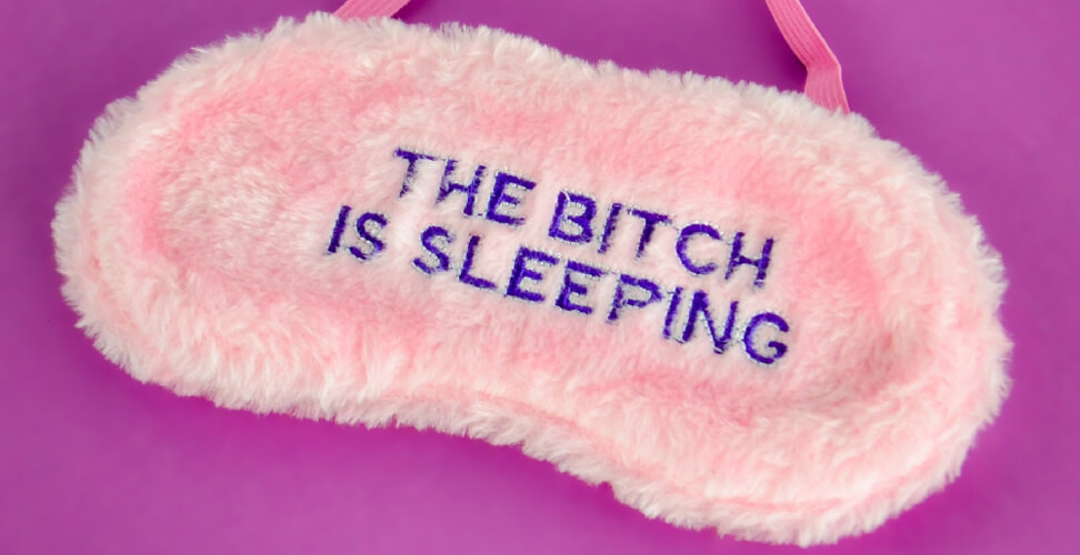 Pink furry 'The Bitch Is Sleeping' novelty sleep mask &ndash; funny adult gag gift for bachelorette, parties, or cheeky gift ideas