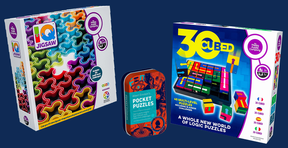 Challenging gifts for him with IQ jigsaw, 3 Cubed logic puzzles and 50 pocket puzzle challenges in a tin