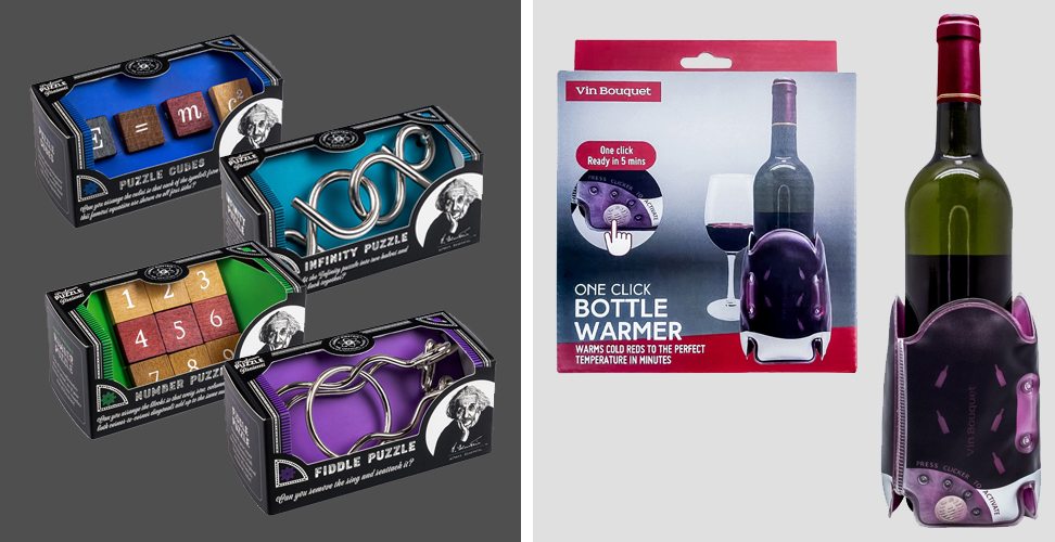 Wine bottle warmer and four wooden and metal brain teaser puzzles, perfect gift for men who love challenges