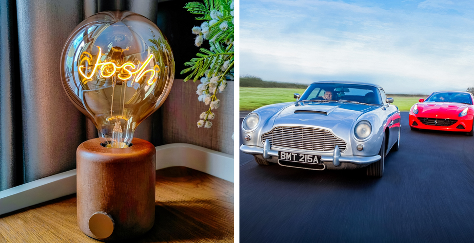 Personalised neon LED big bulb lamp with name Josh, and racing supercars and classic car on racetrack, ideal gift for him