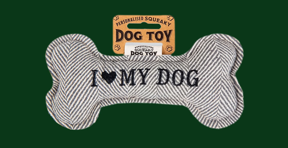 Grey squeaky dog bone toy with “I Love My Dog” embroidery – playful dog gift