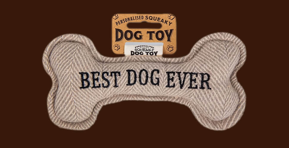 Brown squeaky dog bone toy with “Best Dog Ever” embroidery – ideal Christmas present for dogs
