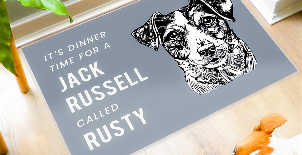 Grey dog feeding mat with Jack Russell illustration and personalised dinner-time slogan