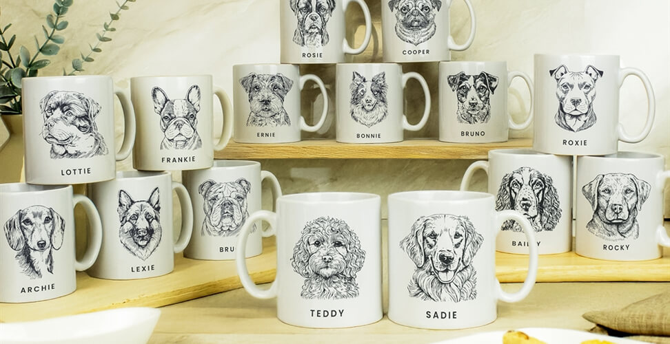 Personalised mugs with dog breed illustrations and names – perfect pet lover gift