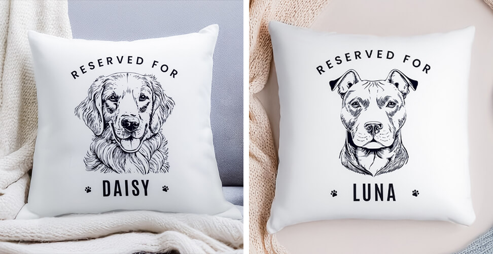 Dog breed cushions with “Reserved For” and personalised pet names – great Christmas gift