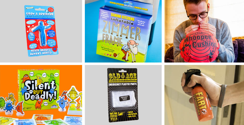 Selection of funny novelty gifts including &lsquo;Grow Your Own Boyfriend&rsquo;, inflatable zimmer frame, world&rsquo;s largest whoopee cushion, &lsquo;Silent But Deadly&rsquo; game, old age emergency plastic pants, and fart extinguisher &ndash; hilarious gag gifts for parties, birthdays, and Christmas