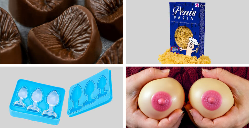 Selection of rude novelty gifts including edible anus chocolates, penis pasta, stress boobs, and a butt plug shaped ice cube mould &ndash; funny adult gag gifts for parties, birthdays, and Christmas