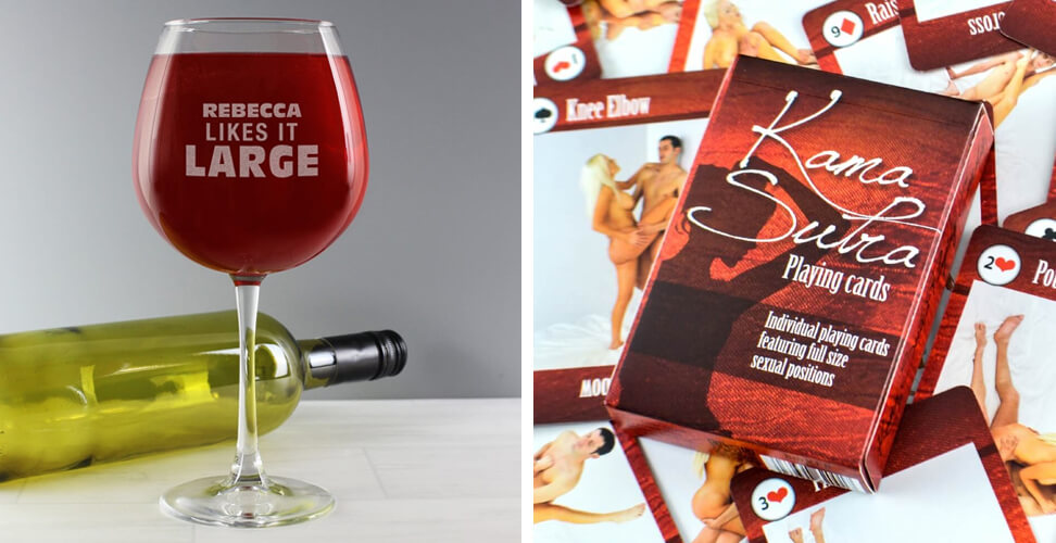 &lsquo;Likes It Large&rsquo; whole bottle wine glass and Kama Sutra rude playing cards &ndash; funny adult novelty gifts, gag presents for parties, birthdays, and Christmas