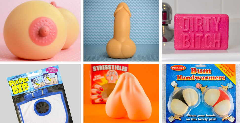 Selection of funny adult novelty gifts including stress toys, rude hand warmers, cheeky soaps, and gag bibs &ndash; perfect for quirky Christmas or birthday presents
