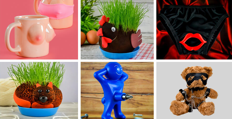 Funny adult novelty gift selection including grow your own rude toys, blowjob underwear, bondage teddy bear, cheeky screwdriver, and novelty boob mug &ndash; hilarious gag gifts for adults