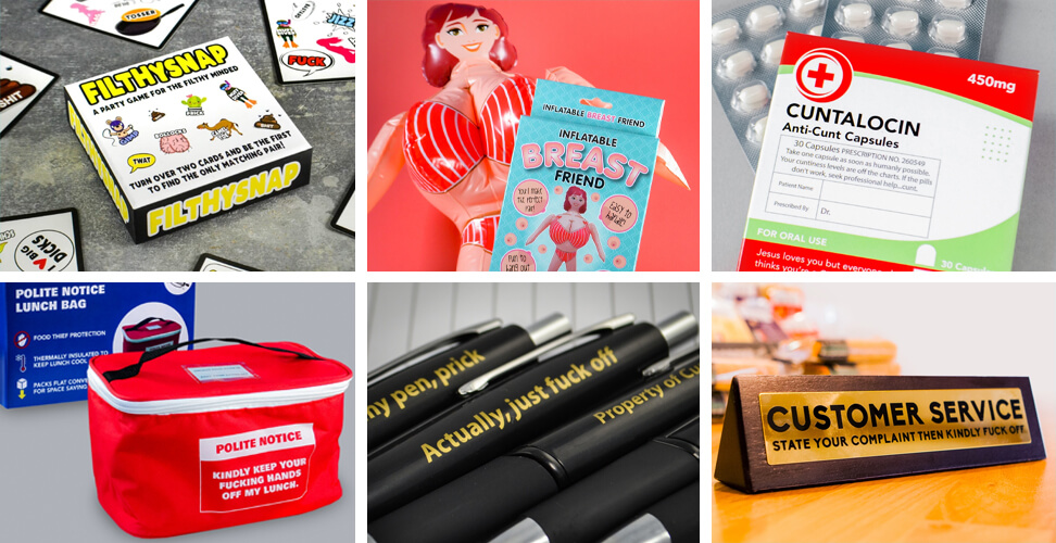 Selection of funny rude novelty gifts including cheeky card games, inflatable gag toys, sweary mints, sarcastic desk signs, attitude pens, and a humorous lunch cool bag &ndash; perfect adult gag presents