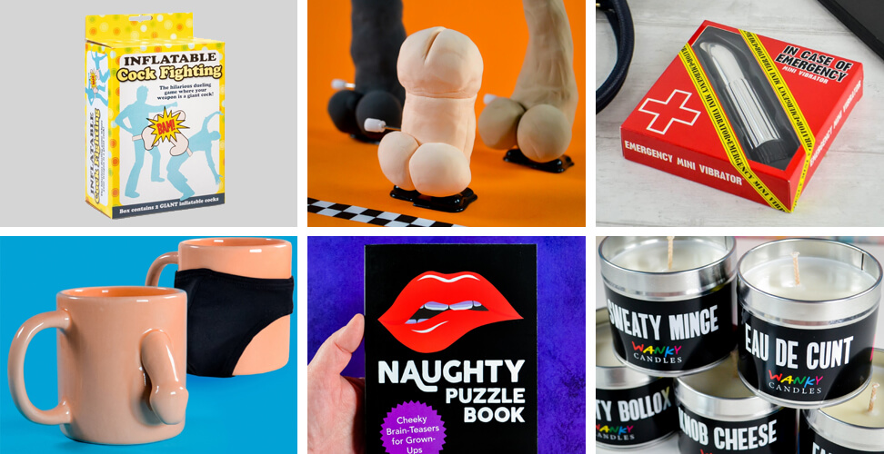 Selection of cheeky adult novelty gifts including inflatable cock fighting game, racing penis game, emergency vibrator, novelty mug, naughty puzzle book, and rude slogan candles &ndash; funny gag gifts for adults