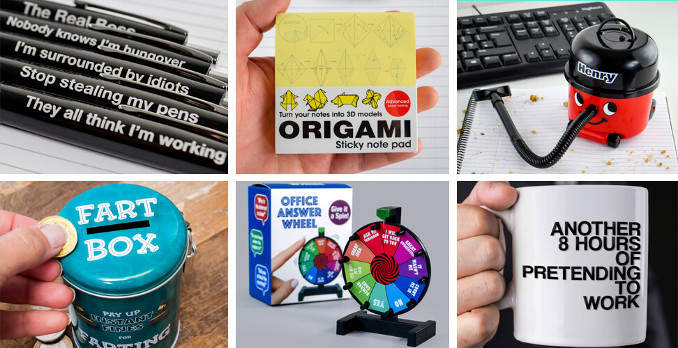 Selection of fun office Christmas gifts including Pens with Attitude, Origami Sticky Notes, Henry Desk Hoover, novelty mug, Office Answer Wheel, and Fart Box
