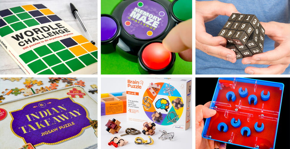Selection of puzzle gifts including Wordle book, Memory Maze, Sudoku Cube Puzzle, Indian Takeaway Jigsaw, brain teasers, and Line &rsquo;Em Up puzzle for challenging fun