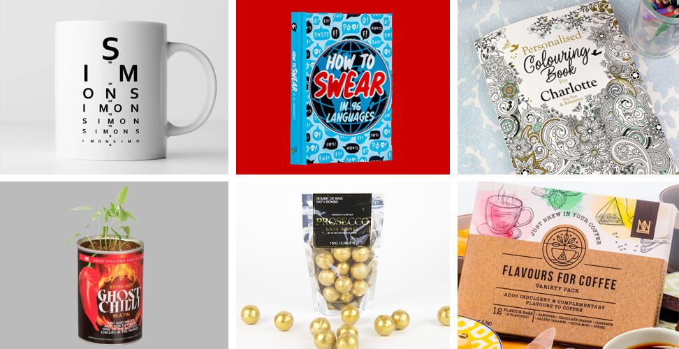 Selection of unique gifts for the person who has everything including mug, Ghost Chilli Grow Tin, How to Swear in 96 Languages book, personalised colouring book, coffee flavour set, and Prosecco Bath Bombs