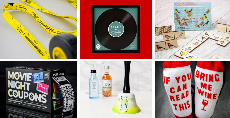 Selection of fun stocking filler gifts for your partner including Fun Facts Tape Measure, Record Frame, Match the Tits Dominos, Movie Night Coupons, Ring for Gin Bell, and If You Can Read This Bring Me Wine Socks
