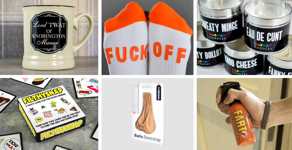 Selection of novelty rude gifts including Lord Twat of Knobington Manor mug, F*** Off socks, Wanky Candles with cheeky slogans, Filthy Snap card game, Balls doorstop shaped like testicles, and Fart Extinguisher &ndash; funny adult gag gifts for parties, birthdays, or Christmas