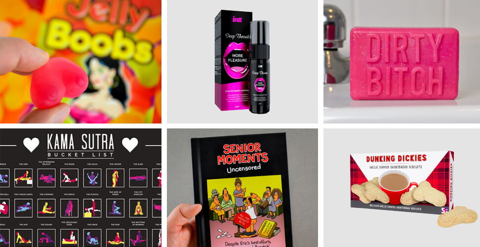 Selection of novelty rude gifts including Kama Sutra scratch-off bucket list, Jelly Boobs sweets, Deep Throat mouth spray, Dirty Bitch soap, Senior Moments book, and Dunking Dickies shortbread &ndash; funny adult gag gifts for parties, birthdays, or Christmas
