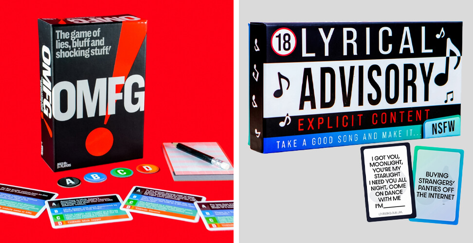 OMFG adult game and Lyrical Advisory game &ndash; funny adult party games, novelty gag gifts for friends, birthdays, stag/hen parties, and Christmas presents