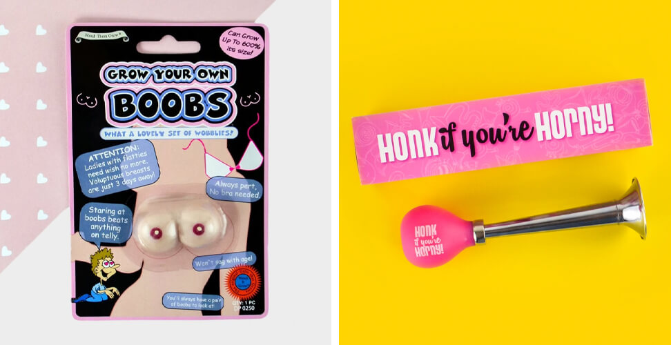 Novelty gifts including Grow Your Own Boobs kit and Honk If You&rsquo;re Horny horn &ndash; funny adult gag gifts, humorous party presents for birthdays, stag/hen parties, or Christmas