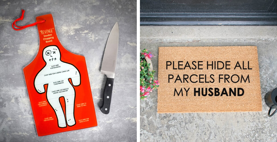 Novelty gifts including Revenge Voodoo Chopping Board and Hide Parcels From Husband Doormat &ndash; funny adult gag gifts, humorous home accessories for parties, birthdays, or Christmas