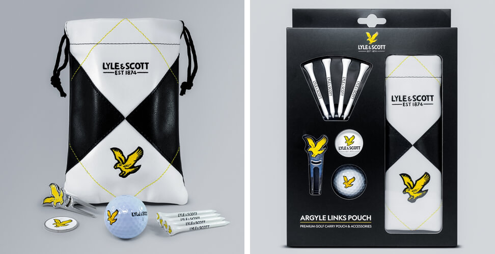 Lyle & Scott Argyle Golf Pouch Gift Set with wooden tees, enamel ball marker, eagle divot tool, and premium golf ball