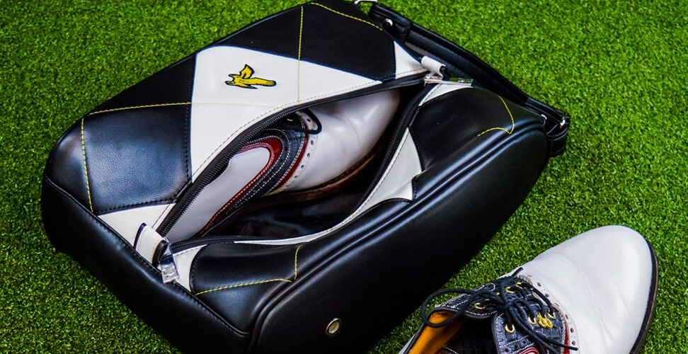 Lyle & Scott Argyle Golf Shoe Bag with golf shoes inside, stylish and practical accessory for golfers