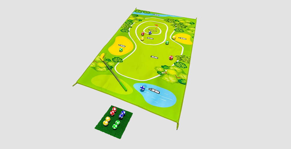 Golf Carpet Game with roll-out course, golf balls, and club, fun indoor putting practice for golfers of all ages