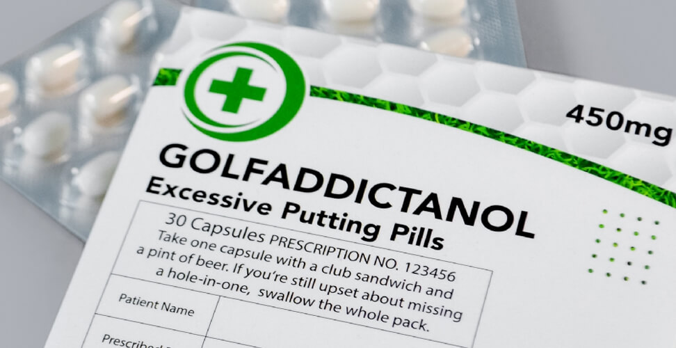 Close up of Golfaddictanol novelty mints styled as prescription medication for golf lovers