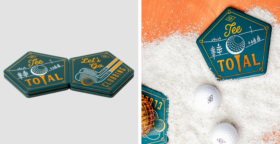 Set of 4 pentagonal golf coasters with slogans “Tee Total” and “Let’s Go Clubbing,” perfect novelty gift for golfers