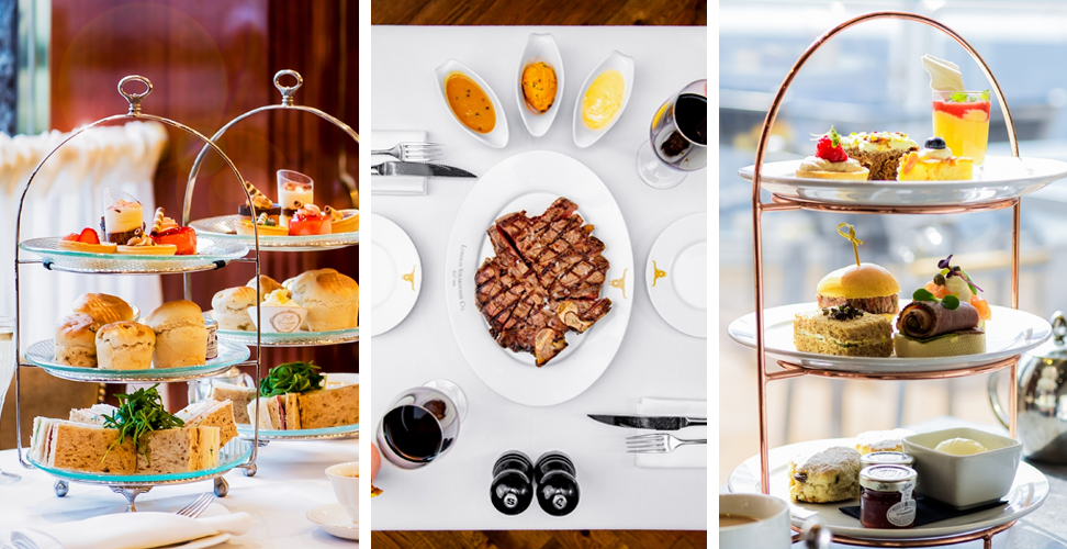 Dining experiences featuring 3-tier afternoon tea and a bird’s-eye view of steakhouse dinner