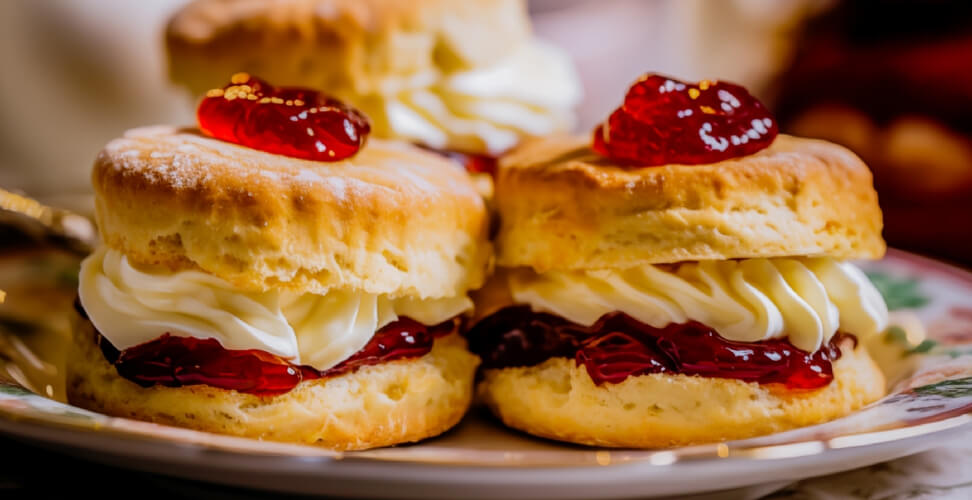 Scones with jam and cream served as part of a traditional afternoon tea &ndash; elegant tea experience, treats, and desserts