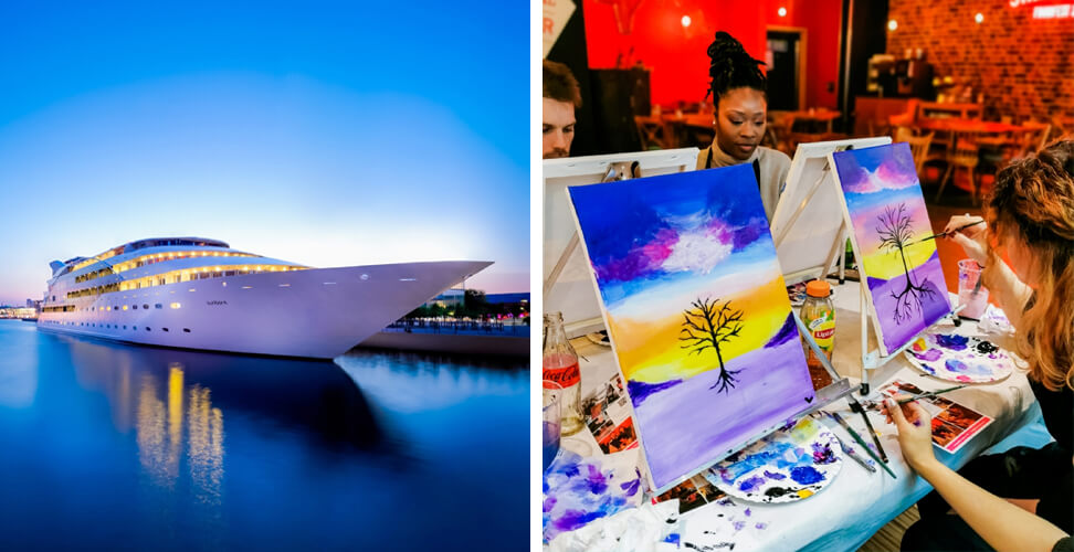 London Sunborn superyacht hotel and group enjoying sip and paint experience &ndash; luxury stay with fun creative activity