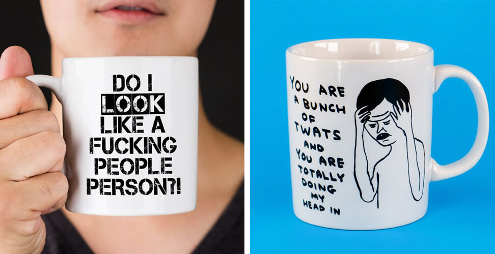 Two separate cheeky rude slogan mugs &ndash; funny novelty coffee mugs with sarcastic quotes