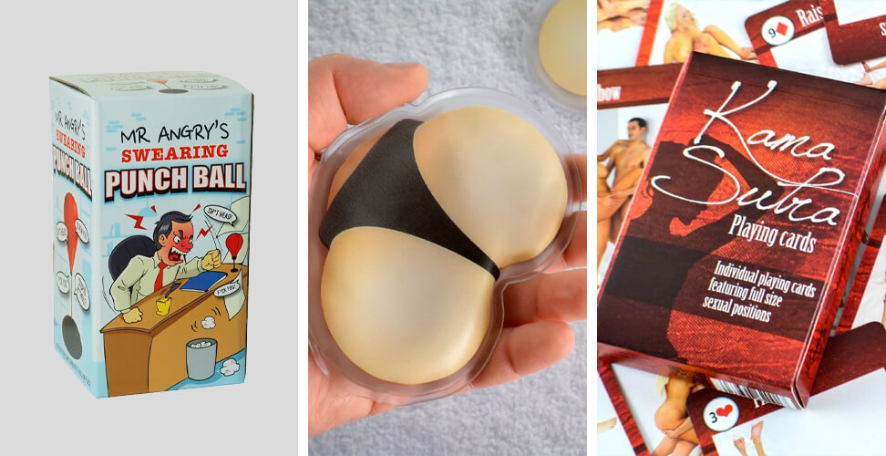Funny novelty gifts &ndash; desktop Mr Angry&rsquo;s swearing punch ball, bum hand warmers, and Kama Sutra playing cards