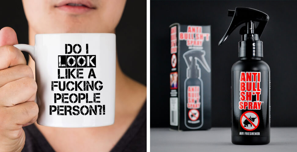 Novelty gifts - 'Do I Look Like a Fucking People Person?' mug and anti-bullshit spray, perfect funny and cheeky gift set